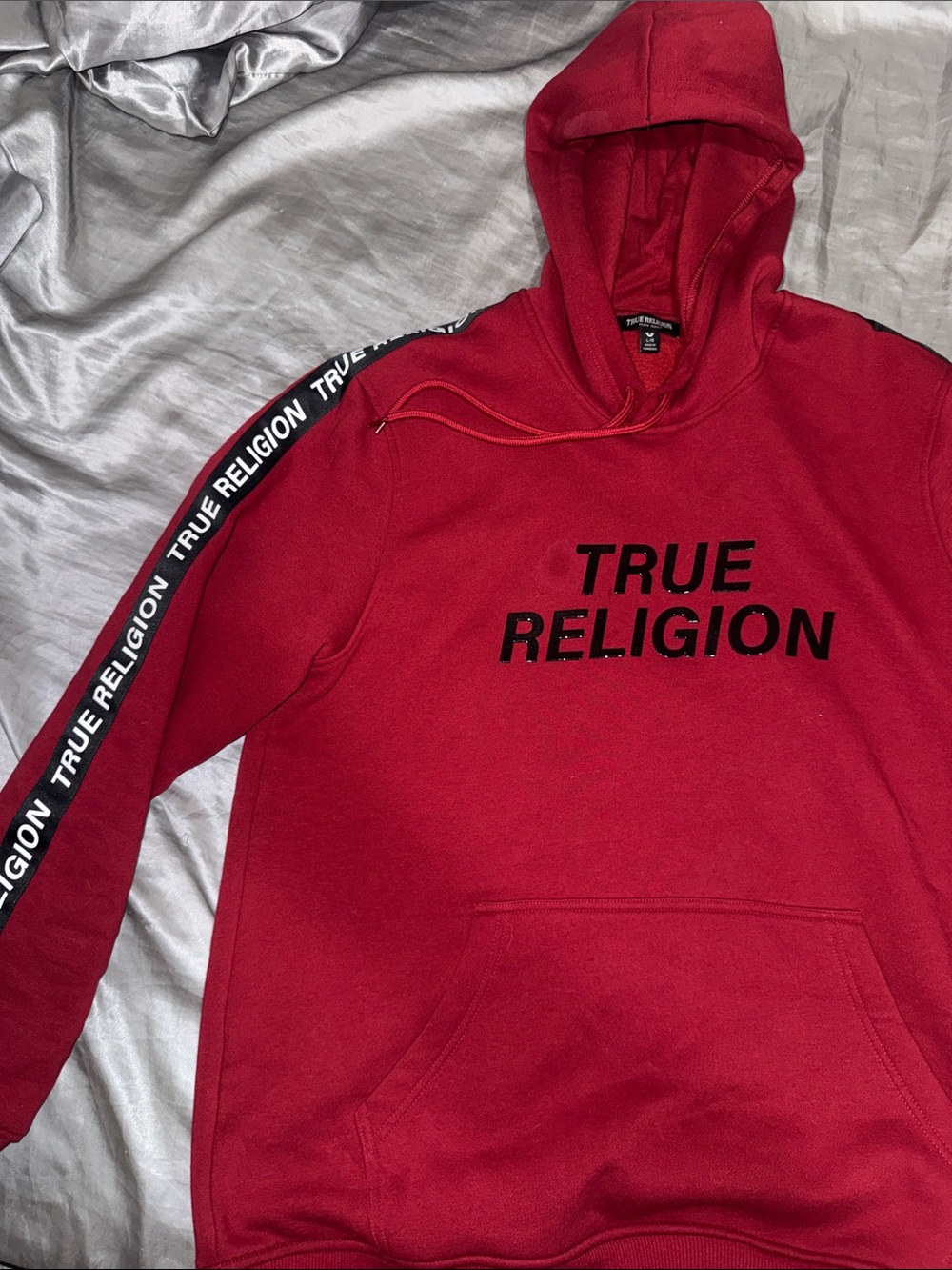 True Religion Red Pullover Hoodie with Branded Sleeve Tape